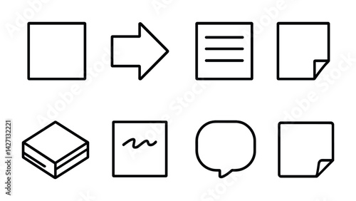 Document management line icons set – outline style office and organizational symbols for workflow efficiency, digital files, and paper documents: arrow, list, note, file, clipboard, sticky, speech