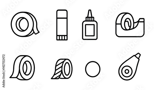 Stationery tools icon set – outline style office supplies and art equipment symbols: tape, glue stick, liquid glue, tape dispenser, correction tape, adhesive roll