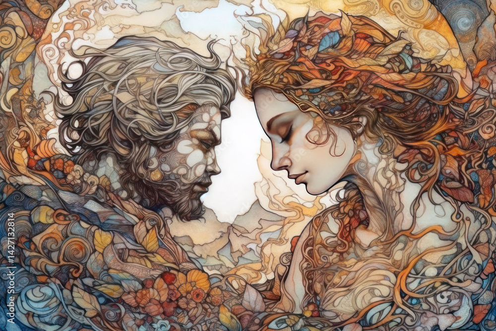An artistic illustration of a man and woman gently leaning their foreheads together in a symbolic act of soul-joining.