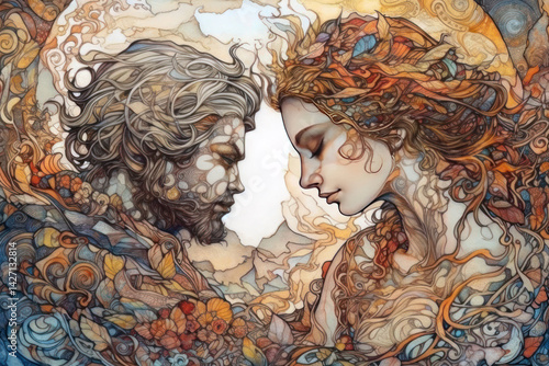 Obraz na płótnie An artistic illustration of a man and woman gently leaning their foreheads together in a symbolic act of soul-joining. w salonie