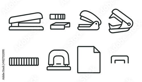 Office supplies icon set - outline style stationery and equipment symbols: stapler, paper clips, hole punch, file folder, ruler, staple remover, paper stack