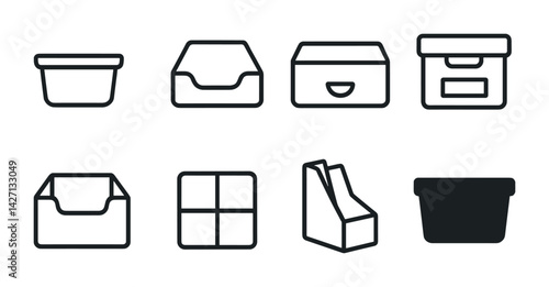 Storage containers icon set – outline style organization and storage symbols for decluttering, space-saving, and neatness: box, basket, drawer, tray, bin, crate, caddy, holder