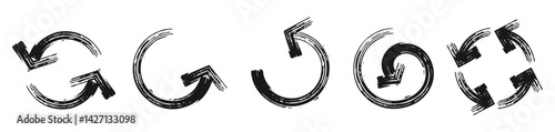 Set of round arrows isolated on white background. Vector brush drawn circular arrow icon. Refresh, reload, repeat, rotate arrow. Rough, artistic brush strokes.