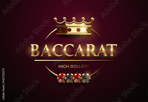 Luxury golden Baccarat logo with crown, playing cards and casino icons on dark background. Perfect for gambling, casino games, VIP club promotions, and high roller events