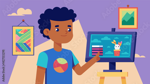 A teenage boy showcasing his digital art at a local art fair proudly explaining his process and inspiration to interested visitors.. Vector illustration