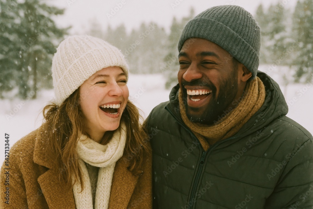 Joyful couple in snowy landscape Joyful couple in snowy landscape