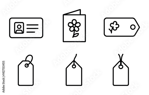 Floral and tag line icons set – linear style personal identification and decorative card symbols for id badges, greeting cards, gift tags, price labels, luggage tags