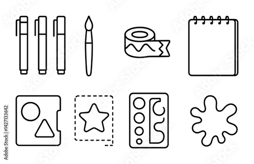 Arts and crafts icon set – outline style creative design tools for diy, crafting, and art projects: pen, paintbrush, tape, notepad, stencil, star, palette, splatter