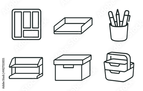 Office supply icon set – outline style stationery and workplace symbols for organization, productivity, and desk essentials: folder, tray, pen holder, document shelf, storage box, organizer