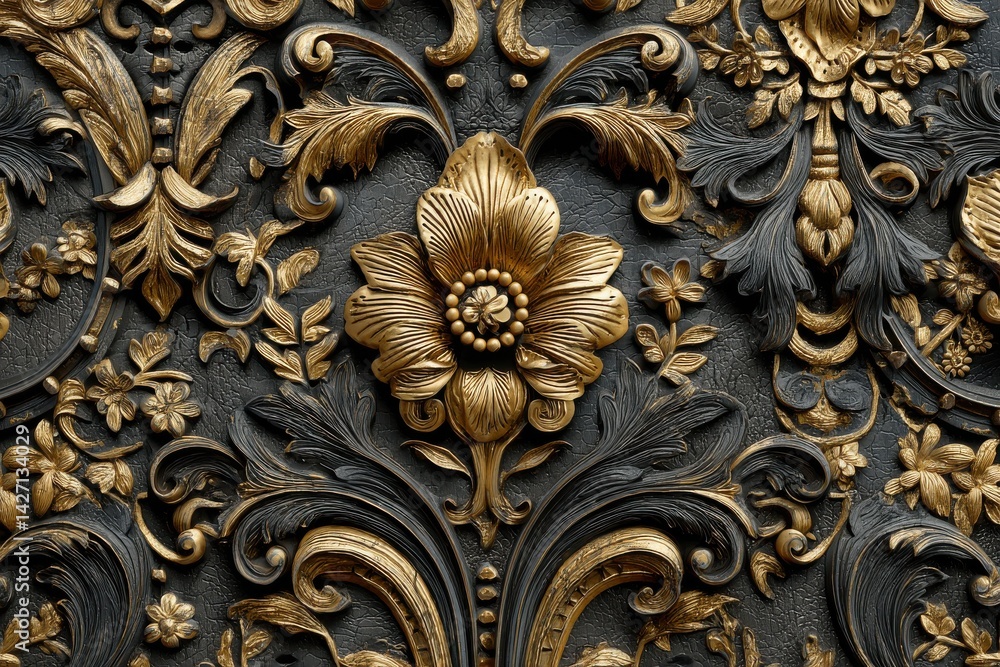 Intricate gold and black floral relief pattern. A luxurious, textured design. Intricate gold and black floral relief pattern. A luxurious, textured design.