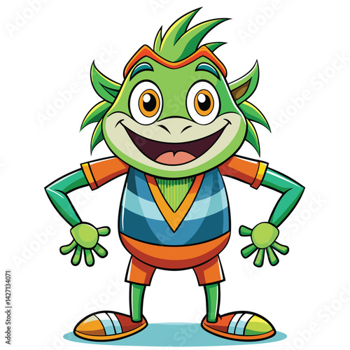 Cartoon character, friendly frog mascot,  sporty attire