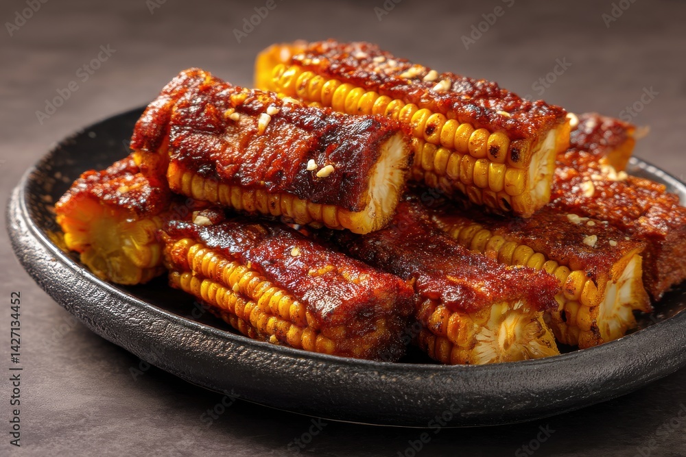 Close-up of grilled corn on the cob, coated in a savory, spicy glaze. The kernels are visible, and the texture appears slightly charred. Close-up of grilled corn on the cob, coated in a savory, spicy glaze. The kernels are visible, and the texture appears slightly charred.