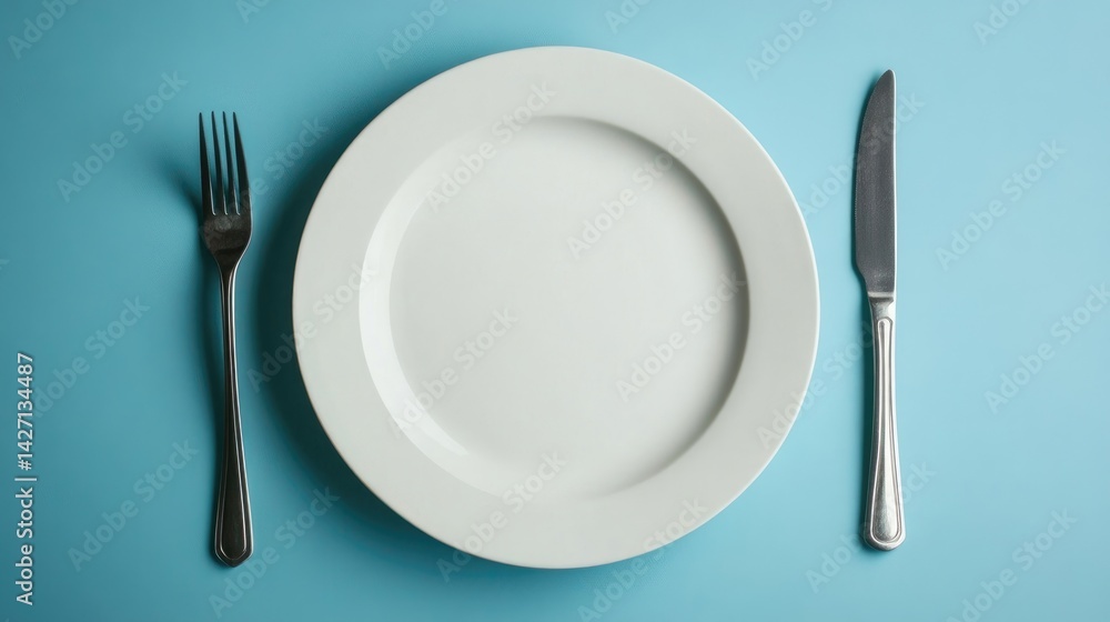 Top view of empty plate, fork, and knife on blue background Top view of empty plate, fork, and knife on blue background