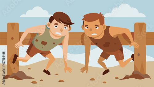 A pair of competitors crawling low under a wooden barrier their clothes and bodies coated in thick sticky mud as they push through the challenging. Vector illustration