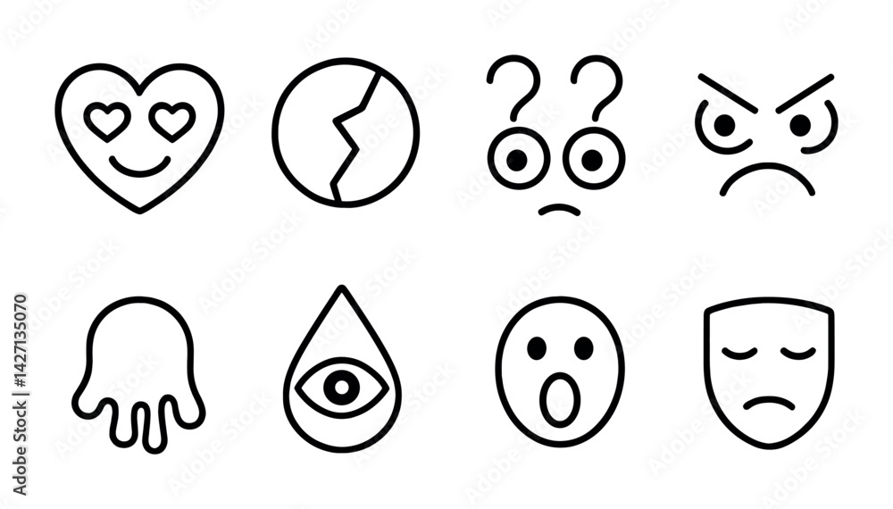 Obraz premium Emotion and expression icon set – outline style facial and emotive symbols for communication, social media, and digital interaction: heart eyes, broken heart, question eyes, angry face, melting face,