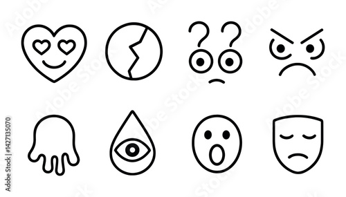 Emotion and expression icon set – outline style facial and emotive symbols for communication, social media, and digital interaction: heart eyes, broken heart, question eyes, angry face, melting face,