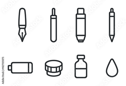 Art supplies icon set – outline style for creative design, drawing, and painting: fountain pen, paintbrush, marker, pencil, eraser, paint jar, ink bottle, water drop