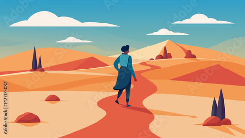 An individual walking through a desert their steps deliberate and steady as they learn to navigate their emotional landscape.. Vector illustration