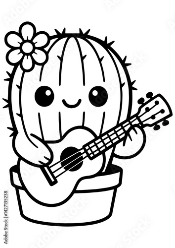 Cute cactus with an ukulele and a flower on its head, black and white vector. Perfect for engraving, print, logo, and creative projects