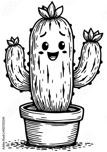 Cute kawaii cactus in a pot, black and white vector. Great for engraving, print, logo, and creative projects. Fun minimalist design.