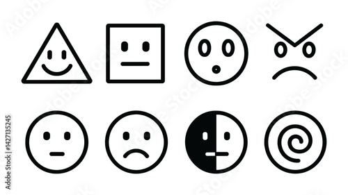 Emotion and expression icon set – outline style for mood representation and communication symbols: smiley face, sad face, neutral face, surprised face, angry face, spiral, triangle face, square face