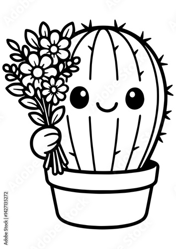 Cute cactus in a pot with a flower bouquet, black and white vector. Great for engraving, print, logo, and creative illustration projects.