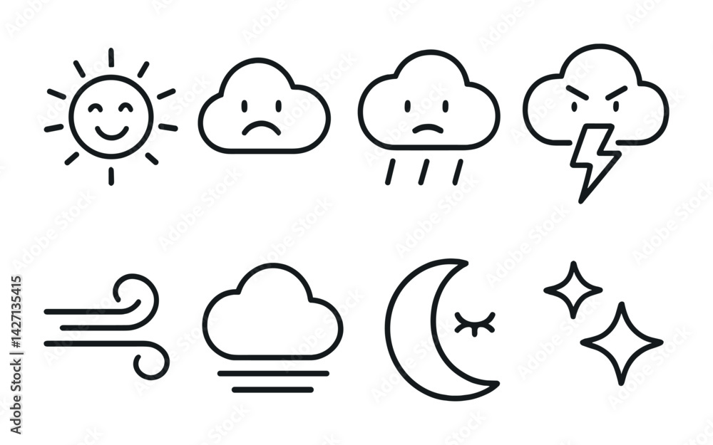 Fototapeta premium Weather conditions icon set – outline symbols for climate and forecast: sun, cloud, rain, storm, wind, moon, stars