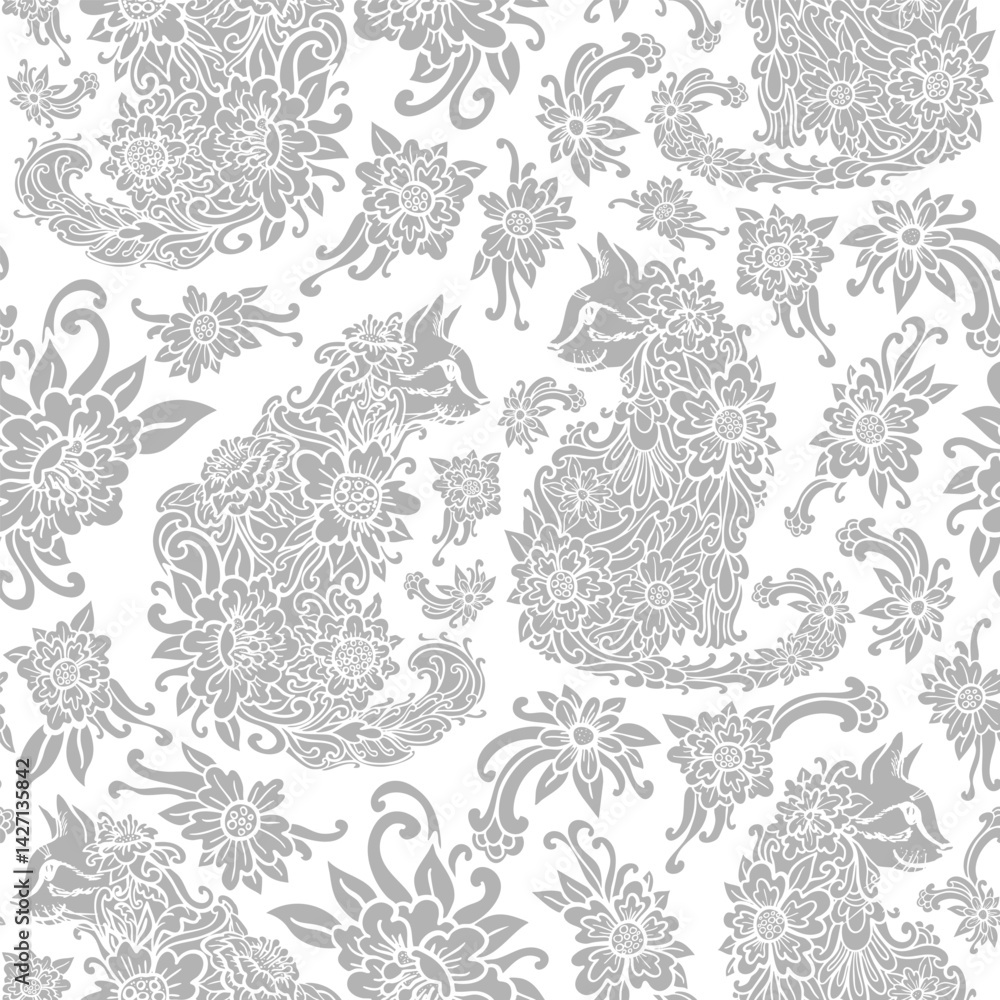 Fototapeta premium Cats and flowers, hand drawn doodles, paisley floral pattern, grey and white colors. Seamless floral pattern-682.