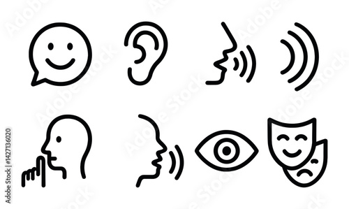Communication outline icon set – essential visual symbols for human interaction and social media: speech bubble, ear, speaking head, sound waves, eye, theater masks
