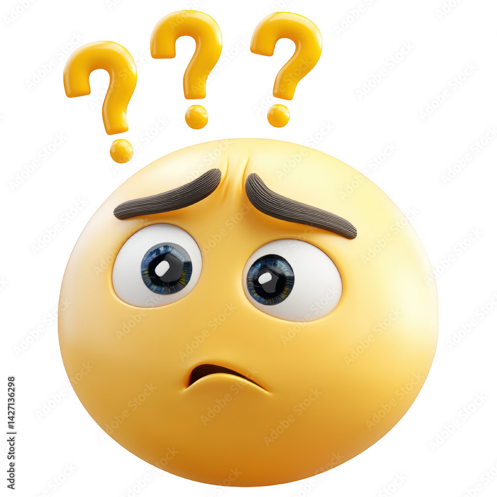 Puzzled Emoji: A close-up depiction of a confused emoji, his face etched with perplexity, questions marks floating above. Puzzled Emoji: A close-up depiction of a confused emoji, his face etched with perplexity, questions marks floating above.