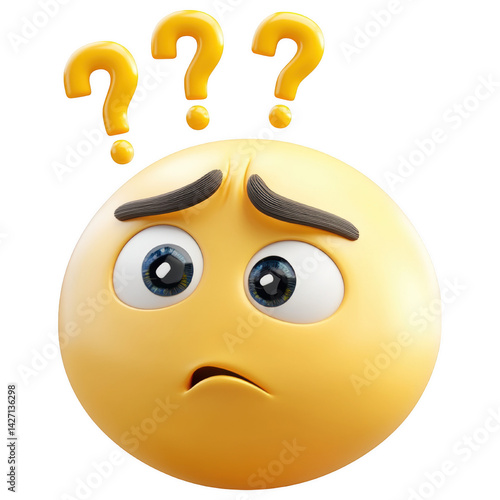 Puzzled Emoji: A close-up depiction of a confused emoji, his face etched with perplexity, questions marks floating above.