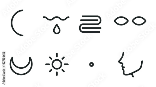 Minimalist nature icon set – outline style symbols for eco design, environment, and simplistic art: moon, water drop, leaf, eye, crescent, sun, dot, face