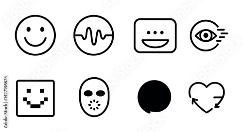 Emoticon icon set – outline style emotional and expression symbols for messaging, communication, and mood: smiley face, heartbeat, laughter, eye, pixelated smile, mask, spiral, heart arrows