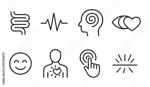 Health and wellness icon set — line style medical and holistic symbols for fitness and mental health: intestine, heartbeat, mind, eyes-heart, smiley, torso-heart, finger-touch, sunrise