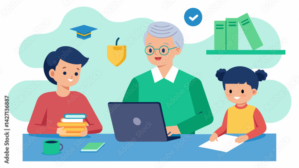 A parent postponing retirement plans and continuing to work well into their 70s in order to keep up with loan payments and support their childs. Vector illustration A parent postponing retirement plans and continuing to work well into their 70s in order to keep up with loan payments and support their childs. Vector illustration