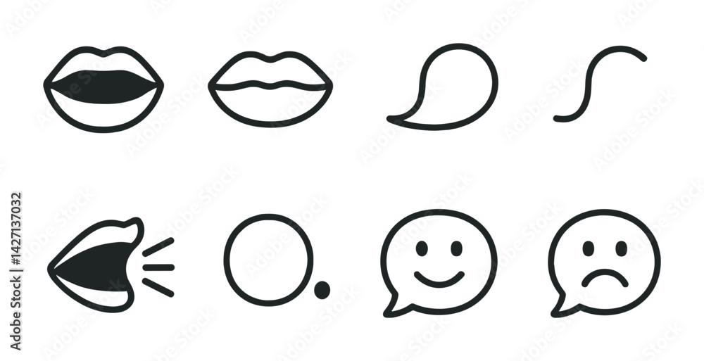 Communication and expression icon set – outline style symbols for conversation, interaction, and dialogue: lips, speech bubble, wave, sound, dot, smiley, frown Communication and expression icon set – outline style symbols for conversation, interaction, and dialogue: lips, speech bubble, wave, sound, dot, smiley, frown