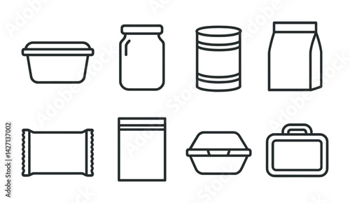 Packaging icon set – outline style food and beverage symbols for container design, labeling, and branding: jar, can, box, bag, wrapper, tray, pouch, lunchbox