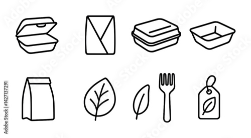 Eco-friendly packaging outline icons set – minimalist recyclable and sustainable symbols for green products: takeout box, sandwich wrap, container, bag, leaf, fork, tag