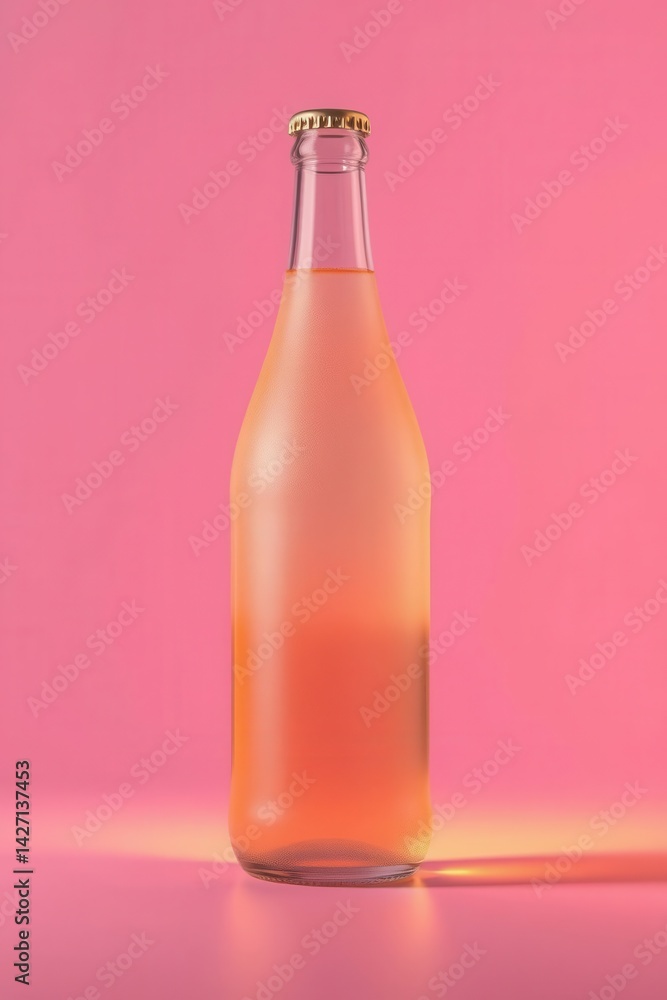 Bottle of pale reddish-pink liquid with condensation on it against pink background. Gold metal cap. Bottle of pale reddish-pink liquid with condensation on it against pink background. Gold metal cap.