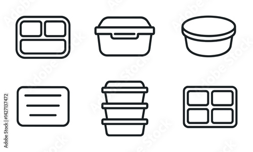Food storage containers outline icon set – sleek kitchen and organization symbols for efficient meal prep, pantry, and fridge management: lunch box, jar, bento, tray, lid, sectioned plate