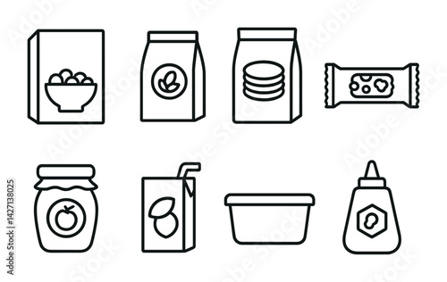 Food packaging icon set – outline style grocery store and snack symbols for shopping and branding: cereal box, snack pack, biscuit bag, jam jar, juice box, yogurt tub, honey bottle