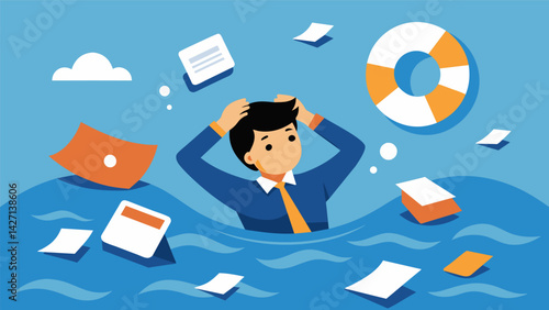 A person drowning in a sea of bills and paperwork with a sign in the background displaying Deferment and Forbearance Options A Lifesaver for Financial. Vector illustration