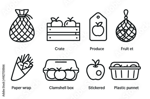 Grocery and produce linear icons set – outline style food and packaging symbols for fresh market, eco-friendly shopping, and organic store: crate, produce, fruit bag, clamshell box, apple, paper wrap