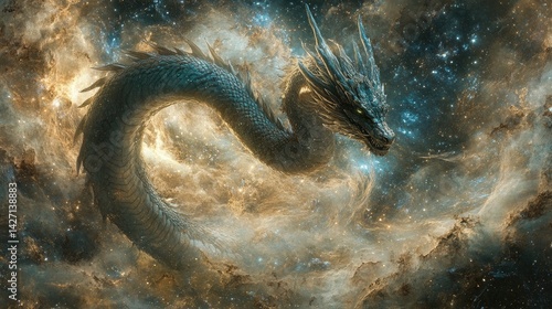 Cosmic Dragon Celestial Serpent in Nebula.
