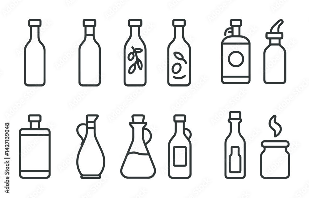 Kitchen oils icon set – outline style culinary and cooking symbols for recipe creation and food preparation: olive oil bottle, vinegar, sauce jar, dispenser, ampoule, carafe