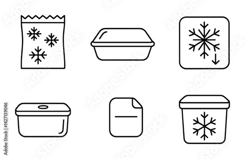 Food storage icon set – outline style symbols for preservation and freezing: plastic container, thermal bag, ice crystal, freezer box, food tray, snowflake