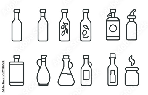 Obraz na płótnie Kitchen oils icon set – outline style culinary and cooking symbols for recipe creation and food preparation: olive oil bottle, vinegar, sauce jar, dispenser, ampoule, carafe w salonie