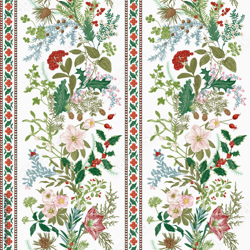 Seamless christmas pattern. Winter flora. Climbing floral vertical stripes. Colorful