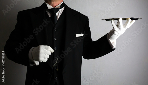 фотографія Butler or Formal Waiter in Black Suit and White Gloves Holding Serving Tray