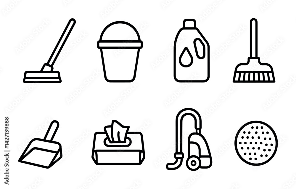 Cleaning tools icon set – outline style household and maintenance symbols: mop, bucket, detergent, broom, dust pan, wet wipes, vacuum, scrubbing pad Cleaning tools icon set – outline style household and maintenance symbols: mop, bucket, detergent, broom, dust pan, wet wipes, vacuum, scrubbing pad